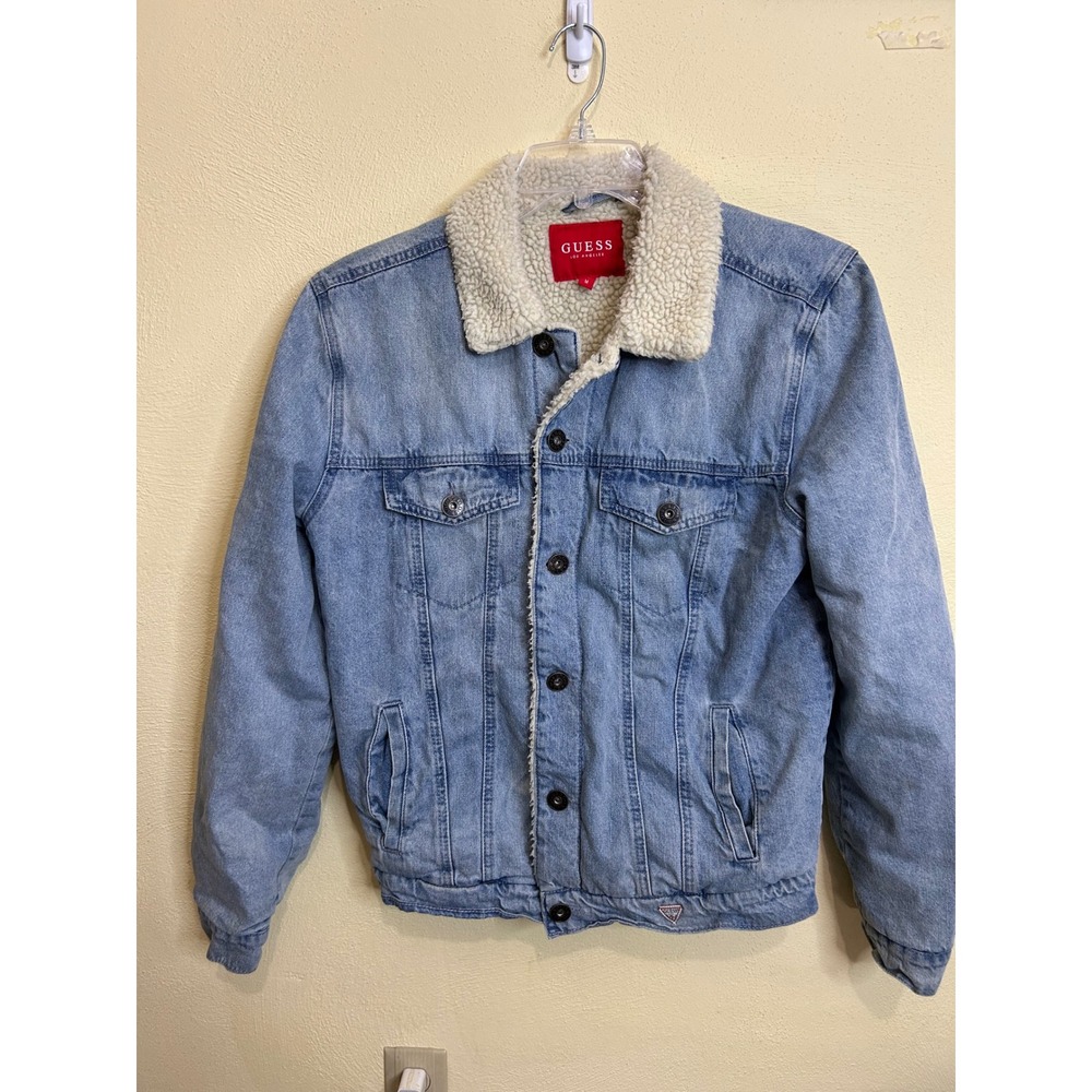 GUESS Los Angeles Denim Trucker Jacket Sherpa Collar Light‎ Wash Mens